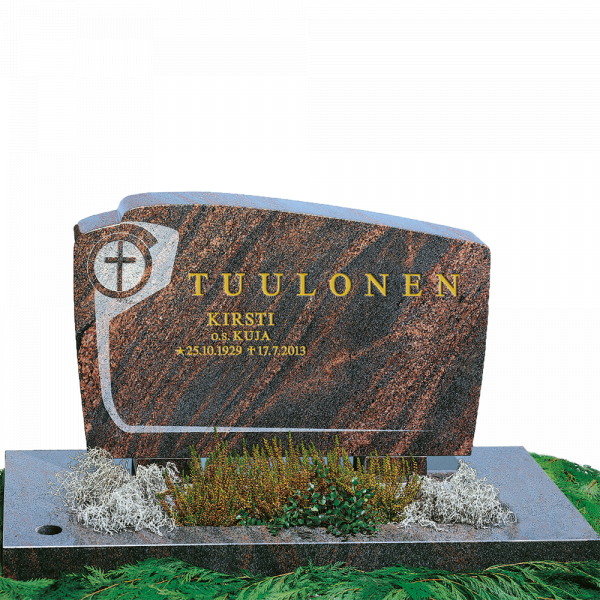 Punainen hautakivi, nimi ja päivämäärät.