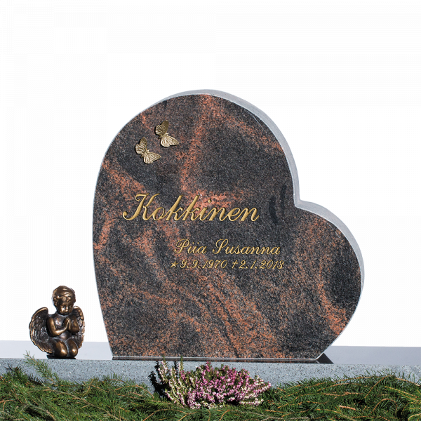 Sydämen muotoinen hautakivi, enkelihahmo.